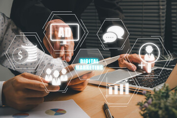 Digital marketing technology concept, Businessteam discussing data on office desk with VR screen...