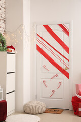 White door with Christmas decor in hall