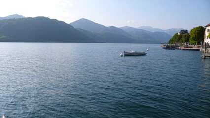 Boat on Lago Maggiore Lake in Italy Landscape Beautifull Mountains