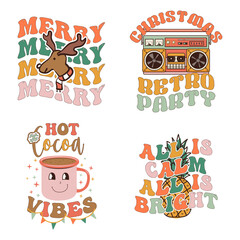 Groovy Christmas prints set with different vintage graphics and quotes-hot cocoa vibes, all is calm all is bright. Retro Christmas graphics. Stock vector clipart