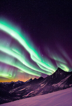Snow mountains with background of Milky way , Huge aurora hanging in the clean dark purple night sky, sparkling stars as charming as diamonds, towering snow mountains, covered with layers of white sno