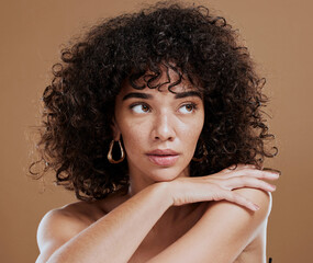 Beauty, skincare and natural hair of woman in studio for cosmetics, makeup and wellness mockup on...