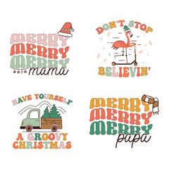 Groovy Christmas prints set with different vintage graphics and quotes-hot cocoa vibes, all is calm all is bright. Retro Christmas graphics. Stock vector clipart, t shirt on white background