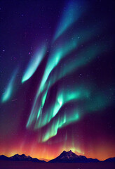 Snow mountains with background of Milky way , Huge aurora hanging in the clean dark purple night sky, sparkling stars as charming as diamonds, towering snow mountains, covered with layers of white sno