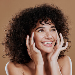 Beauty, woman and skincare, health and wellness for a Latin female on a brown studio background....