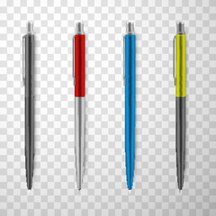 Pens automatic branding stationery for writing set realistic vector illustration. Ballpoint with ink