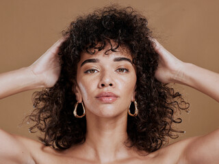 Hair care, black woman and portrait with curly hair, beauty and wellness by cosmetics background....