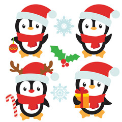 Christmas penguins set vector cartoon illustration