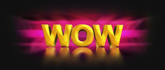 Phrase Wow gold 3D letters isolated on a black background. Lettering for message notification. Used for advertising or as a call to action. 3d illustration