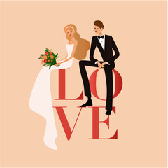 bride and groom with wedding bouquet, vector illustration
