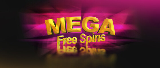 Mega free spin gold 3D letters on a black background. For games on a smartphone and slot machines or casinos. Used for advertising or as a call to action. 3D illustration