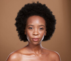 Black woman, beauty portrait and afro hair, skincare and facial treatment for shine, glow or...