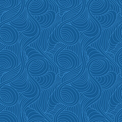 Seamless vector linear pattern of blue smooth lines of spirals and swirls. Marine seamless texture of thin graceful lines and arcs.