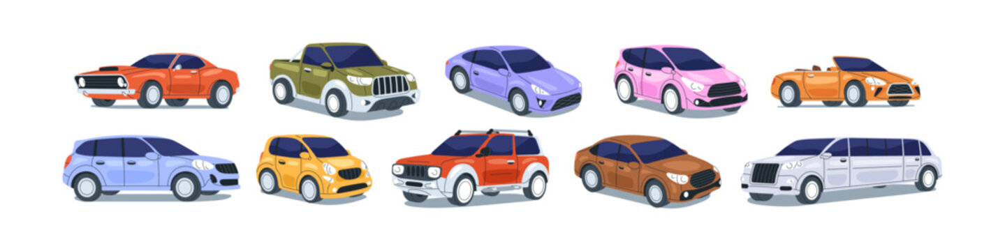 Passenger cars set. Modern auto vehicles, automobiles of different body type. Wheeled motor transport designs, sedan, SUV, hatchback, convertible. Flat vector illustration isolated on white background