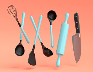 Wooden kitchen utensils, tools and equipment on coral background.