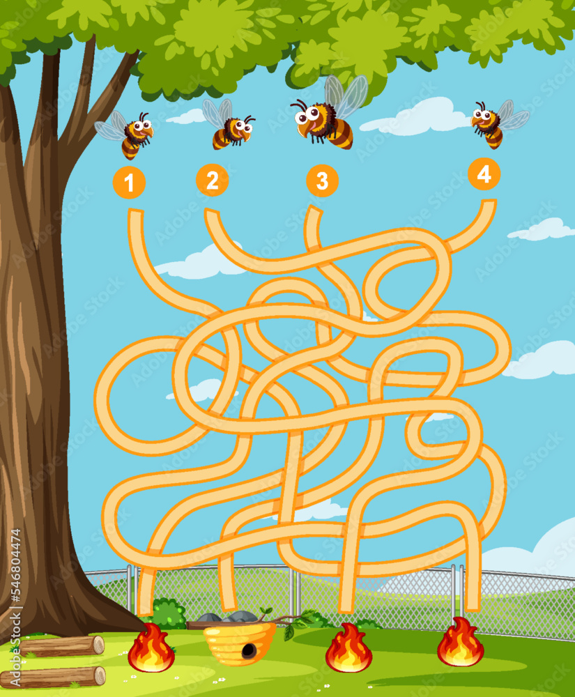 Wall mural maze game template in honeybee theme for kids