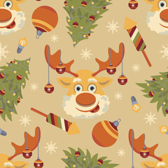 Seamless Christmas pattern deer and Christmas trees