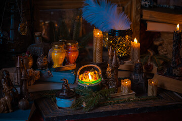 Illustration of magical stuff....candle light, magic wand, book of spells dark background, wizarding school, mystical aesthetic