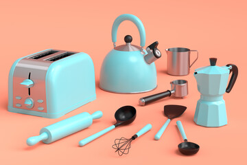 Toaster, kettle with kitchen utensil for preparation of breakfast on coral