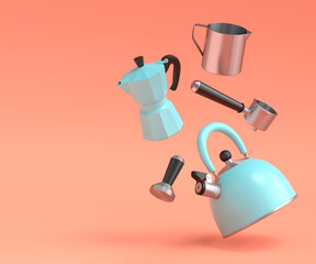 Espresso coffee machine with horn, kettle and geyser coffee maker on coral.