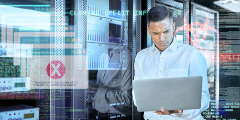Overlay, futuristic or programmer with laptop in server room for 404 computer glitch, cybersecurity or software analytics. Digital coding, hacker or developer for virus data analysis work web server