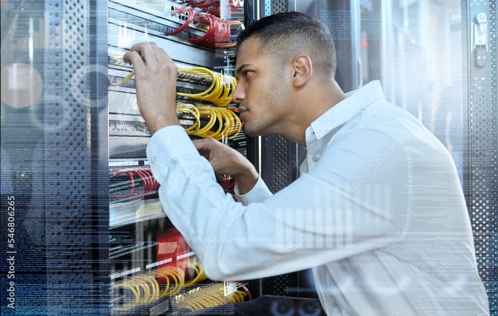 Poster Data center, IT technician and man in server room for 404 error, glitch and cybersecurity with cables for motherboard maintenance and assessment. Engineer working on connection for digital network