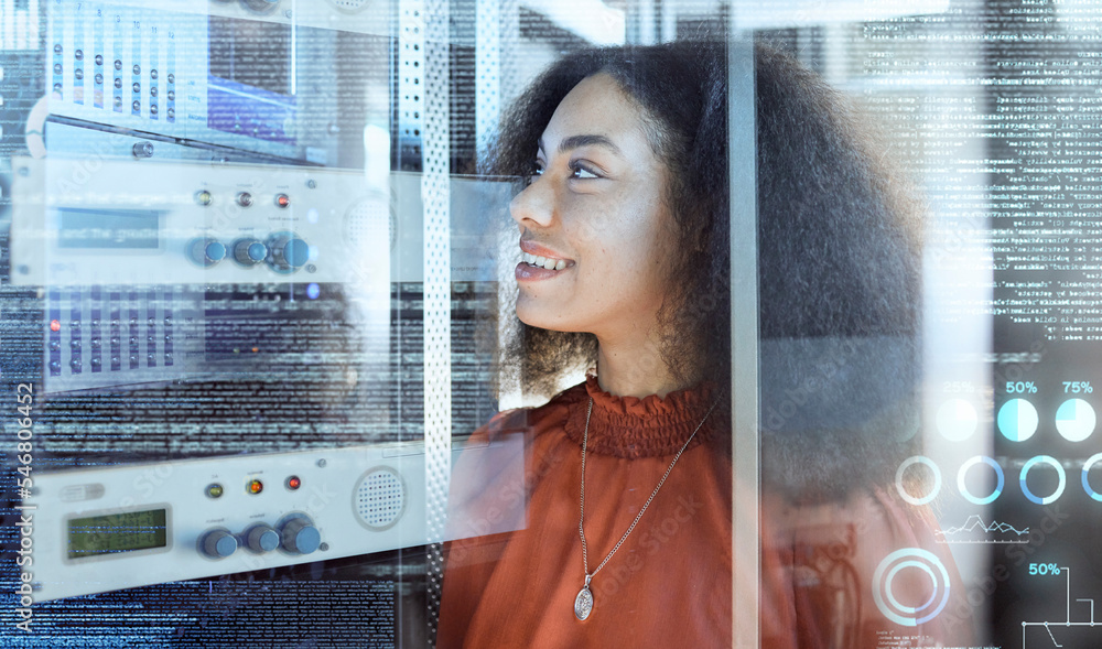 Aufkleber overlay, data center and black woman doing maintenance in a server room for information technology, 