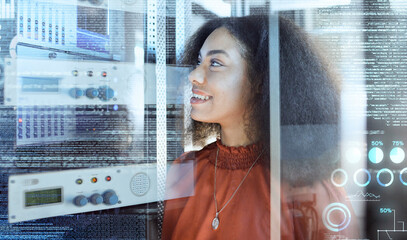 Overlay, data center and black woman doing maintenance in a server room for information technology, cybersecurity and network. Happy It technician at motherboard working on future technology software