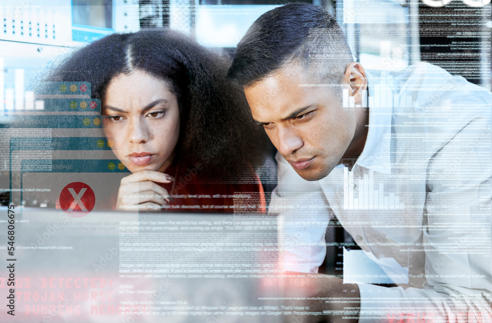 Poster Hacker, overlay or programmer with futuristic data in server for cybersecurity, 404 network glitch or data analysis. IT, teamwork or developer for ux design, future big data or fintech and ai tech