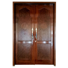 the brown carved wooden door closed