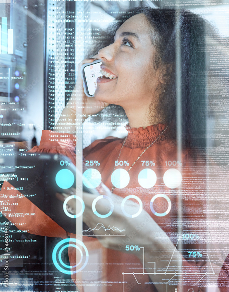 Poster Overlay, chart and software engineer with phone call, graph and analytics with server maintenance or upgrade with tablet. Happy programmer, woman and check data, double exposure and technology coding