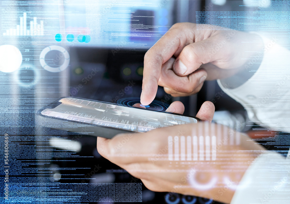 Leinwandbilder Businessman, hands and phone for hologram or digital programming code. Cloud computing software app, online networking iot fintech overlay and man hand closeup for mobile web design or ux mockup