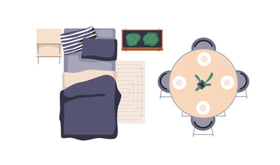 Single bed and dining table in studio apartment, top view. Overhead small home interior design, room plan with furniture, house plant in pot. Flat vector illustration isolated on white background