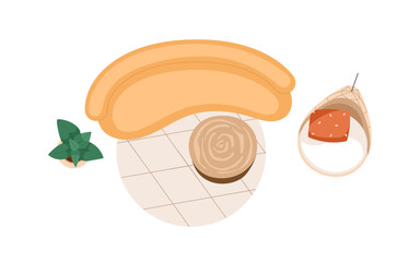 Living room interior design, top view. Modern sofa, coffee table and armchair in home lounge overhead. Trendy couch, hanging chair, potted plant. Flat vector illustration isolated on white background