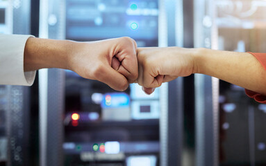 Fist bump, coding teamwork and programming server room of cyber data security storage, coding...