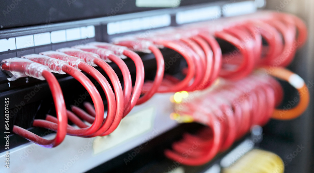 Poster IT, server and cables for cyber security, internet safety and information technology in business. Cybersecurity, server room and data center with connection for digital security in zoom closeup
