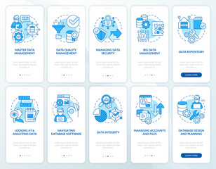 Fototapeta na wymiar Data regulation process blue onboarding mobile app screen set. Walkthrough 5 steps editable graphic instructions with linear concepts. UI, UX, GUI template. Myriad Pro-Bold, Regular fonts used