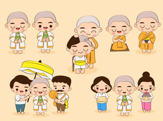 variety of men's activities to be ordained as a monk cartoon style