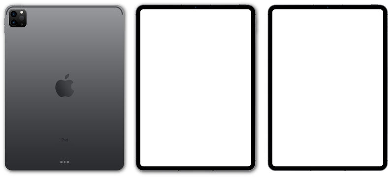 New Black iPad pro by Apple Inc. Blank screen ipad and back side ipad on transparent bckground with realistick shadow. High detail. PNG image
