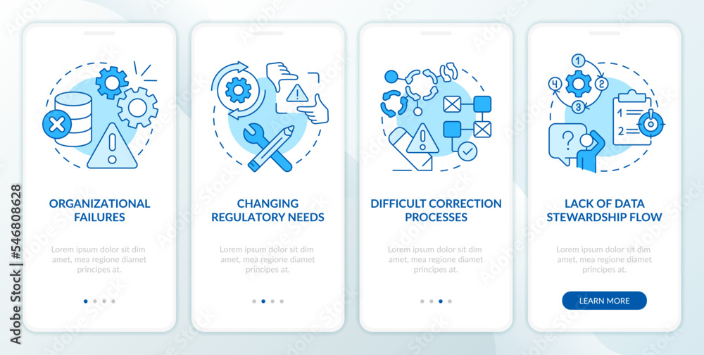 Poster database regulation issues blue onboarding mobile app screen. walkthrough 4 steps editable graphic i