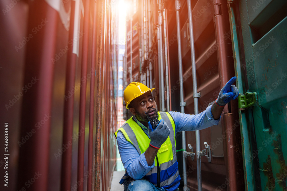 Poster Worker check list of container cargo at container depot terminal,Working inspection audit logistic transportation concept.
