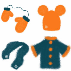 knitted clothesclothes, hat with fluffy buboes, mittens, scarf, fur coat, faux fur, fluffy warm winter clothes