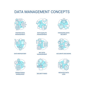 Data management turquoise concept icons set. Information governance system idea thin line color illustrations. Isolated symbols. Editable stroke. Roboto-Medium, Myriad Pro-Bold fonts used