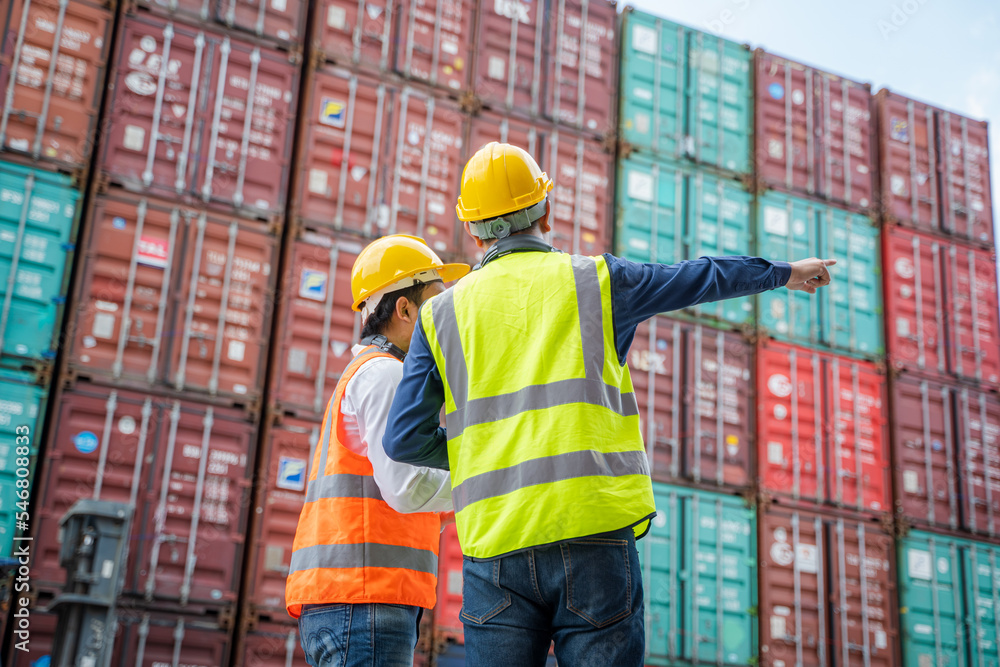 Poster Engineer working and checking a quality of containers box from cargo ship for export and import,Container Shipping Logistics Engineering concept.