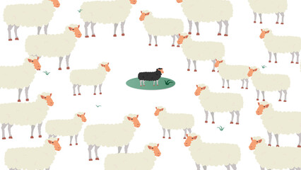 White Sheep Group around of Single Black Sheep In center, Vector illustration