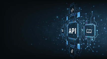 Application Programming Interface (API) design. Software development tool, information technology, modern technology, internet and networking concept on dark blue background.