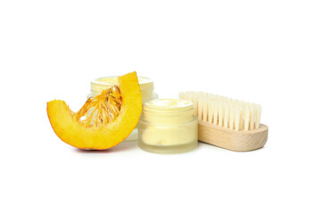 Concept of different cosmetic products, Pumpkin cosmetics, isolated on white background