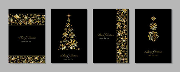 Merry Christmas and Happy New Year greeting card design with golden stars and snowflakes decorated on Christmas background for banner, poster or cards. Beautiful Christmas background.