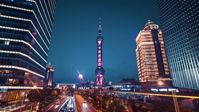 hyper lapse, road in Shanghai Lujiazui financial center, China.