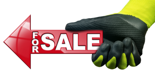 Manual worker with protective work gloves holding a red directional sign with the text, For Sale (red arrow), isolated on white or transparent background, photography, png.